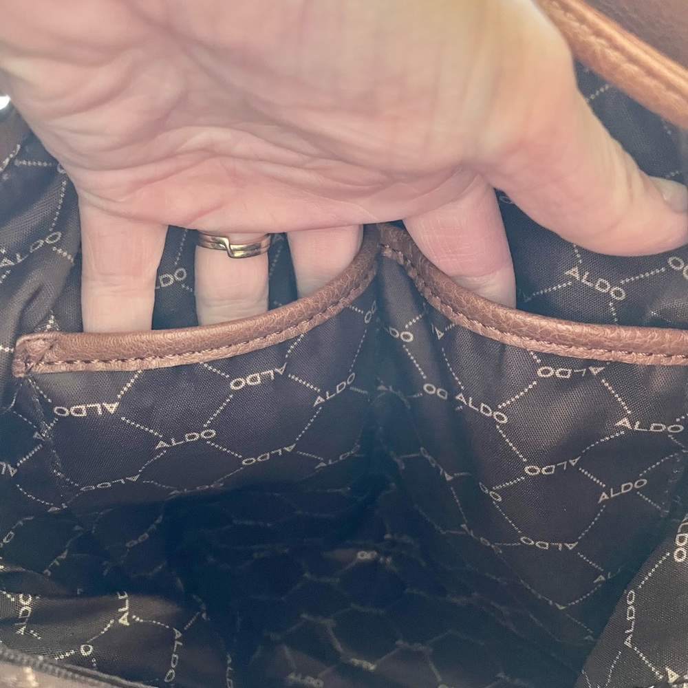 ALDO Drawstring Brown Backpack Adjustable Straps Snap Flap Closure - Picture 7 of 16